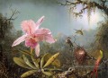 Cattelya Orchidée et trois colibris brésiliens fleur peintre Martin Johnson Heade